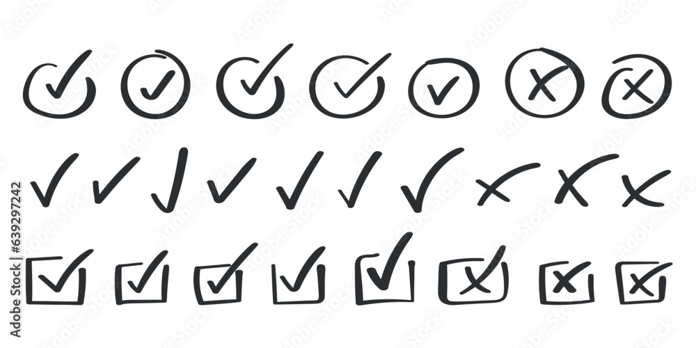 Check mark icon in hand drawn style. Handmade doodle vector illustration on isolated background. Cross, circles, arrow mark sign business concept. Check mark icon in hand drawn style. Handmade doodle vector illustration on isolated background. Cross, circles, arrow mark sign business concept.