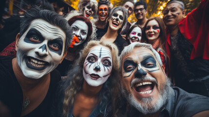 Selfie of group of people of different ages looking into camera, people make funny faces, people dressed in halloween costumes and make-up, halloween concept image