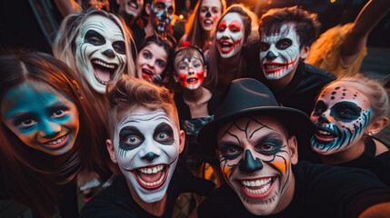 Selfie of group of people of different ages looking into camera, people make funny faces, people dressed in halloween costumes and make-up, halloween concept image