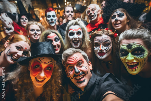 Selfie of group of people of different ages looking into camera, people make funny faces, people dressed in halloween costumes and make-up, halloween concept image © Keitma