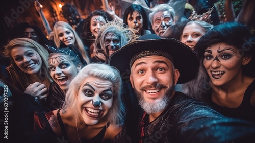 Selfie of group of people of different ages looking into camera, people make funny faces, people dressed in halloween costumes and make-up, halloween concept image