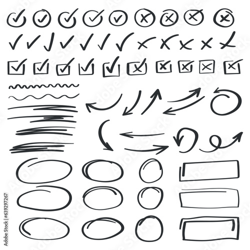 Check mark icon in hand drawn style. Handmade doodle vector illustration on isolated background. Cross, circles, arrow mark sign business concept.
