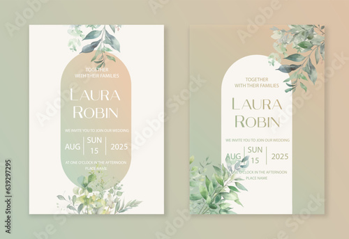 Luxury arch wedding invitation card background with green watercolor botanical leaves. Abstract floral art background vector design for wedding and vip cover template.