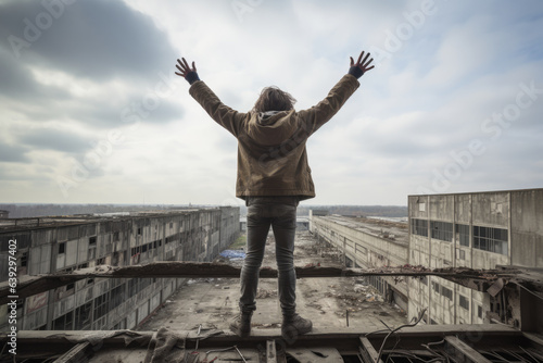 Valokuva Young man doing urbex at top of an abandoned building in ruins with arms in the