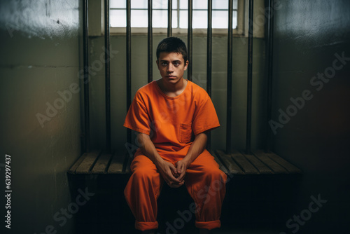 Fotografia Man dressed in orange sit on a bench of a prison cell alone , looking at the cam