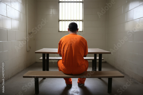 Photo Man dressed in orange sit on a bench of a prison cell alone , back view , jail o