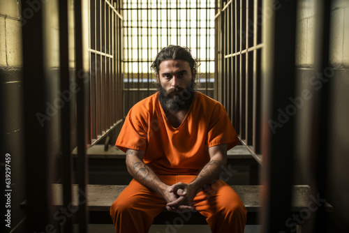 Man dressed in orange sit on a bench of a prison cell alone , looking at the camera , jail or imprisonment concept image