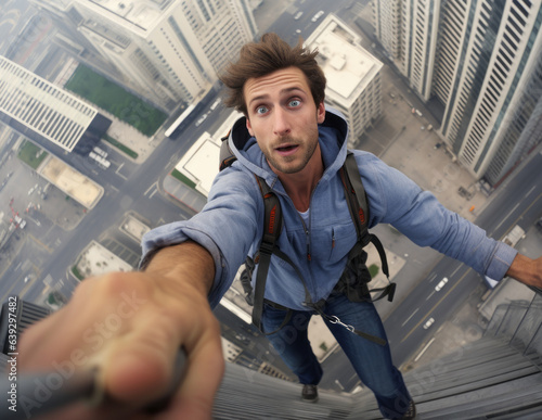Young urban exploration influencer take selfie picture at top of high rise building dangling himself , urbex or free solo climbing concept image