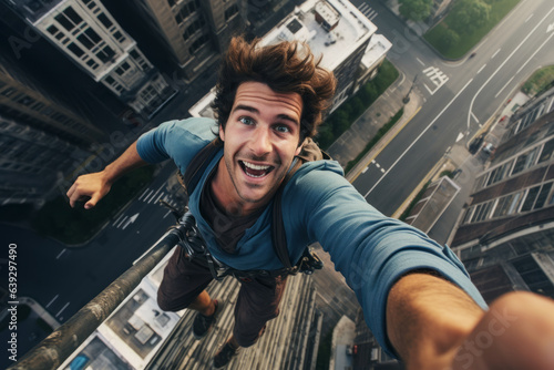 Young urban exploration influencer take selfie picture at top of high rise building dangling himself , urbex or free solo climbing concept image photo