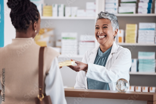 Pharmacist, medicine or happy woman giving package to patient in customer services help desk. Pharmacy, smile or mature doctor with medical product, pills or supplements in retail healthcare clinic