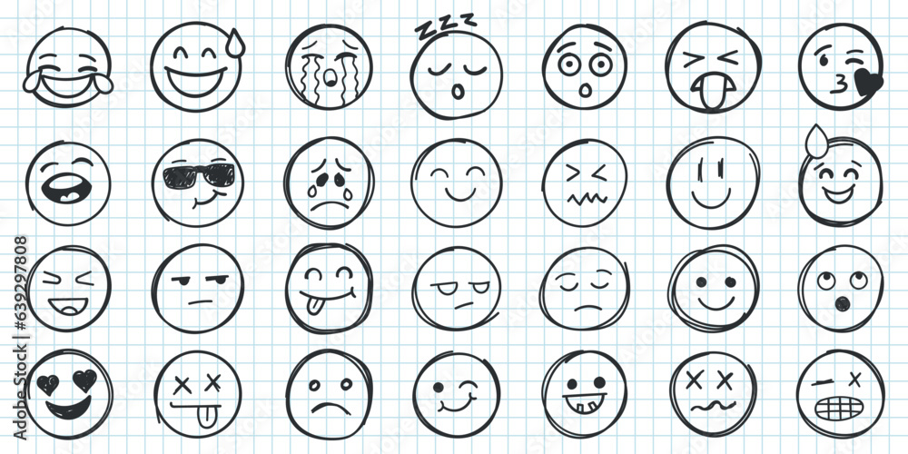 Emojis faces icon in hand drawn style. Doddle emoticons vector illustration on isolated background. Happy and sad face sign business concept. Emojis faces icon in hand drawn style. Doddle emoticons vector illustration on isolated background. Happy and sad face sign business concept.