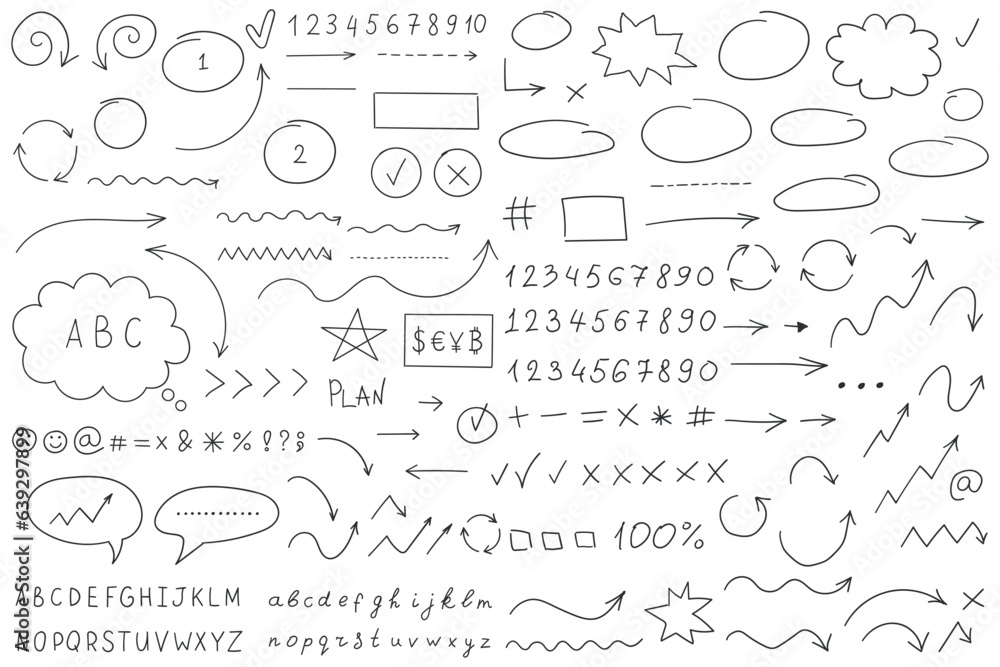 Arrow circles and abstract doodle icon in hand drawn style. Number vector illustration on isolated background. Letters, arrows sign business concept. Arrow circles and abstract doodle icon in hand drawn style. Number vector illustration on isolated background. Letters, arrows sign business concept.
