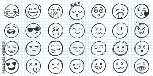 Emojis faces icon in hand drawn style. Doddle emoticons vector illustration on isolated background. Happy and sad face sign business concept.