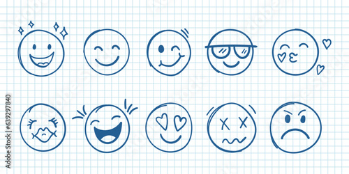 Emojis faces icon in hand drawn style. Doddle emoticons vector illustration on isolated background. Happy and sad face sign business concept.