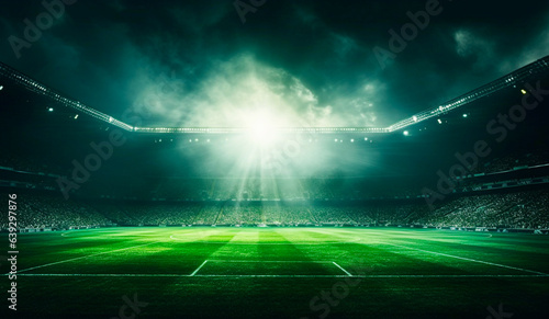 Background image of a football stadium. There are spotlights shining on the football field. © toodlingstudio