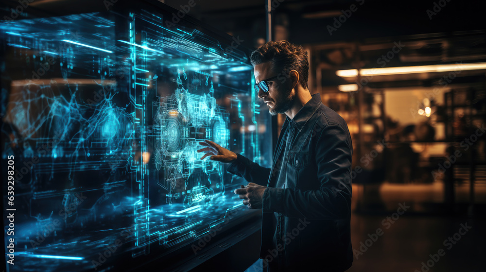 Generative AI, a man with glasses looks at a holographic transparent 3D screen of the future, a programmer in virtual reality, artificial intelligence, computer technology, neon, space for text