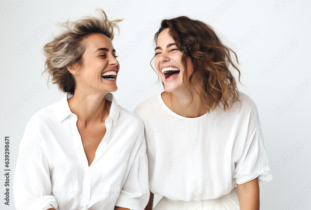 Two women in a good mood, smiling, laughing, refreshed, happy, cheerful, on a white background. Two women in a good mood, smiling, laughing, refreshed, happy, cheerful, on a white background.