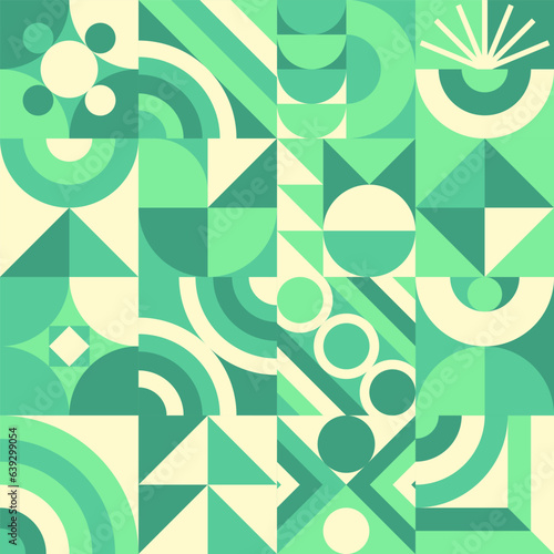 Green geometry pattern bauhaus minimal 20s style with nature abstract shapes. Fresh organic background. Eco friendly texture, geometry mosaic. Vector 10 eps