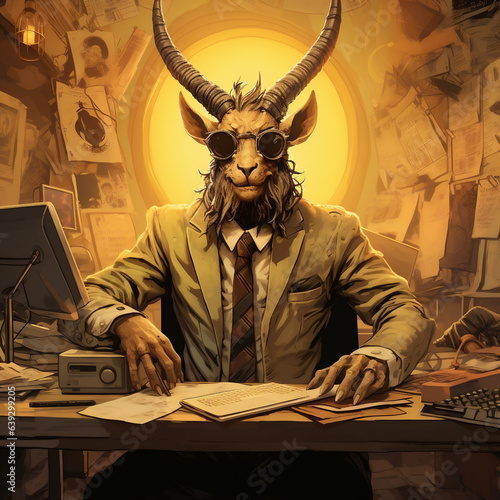 An image of a devil sitting at a desk in his office