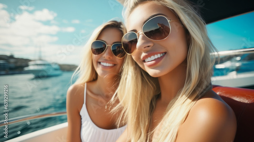 Two pretty caucasian blonde girls having fun on the deck of a luxurious yacht boat , rich or golden youth concept image © Keitma