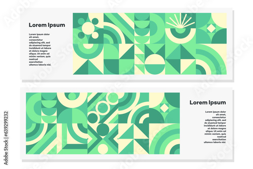 Green geometry flyer set bauhaus minimal 20s style with nature abstract shapes. Fresh organic background. Eco friendly texture, geometry mosaic. Vector 10 eps