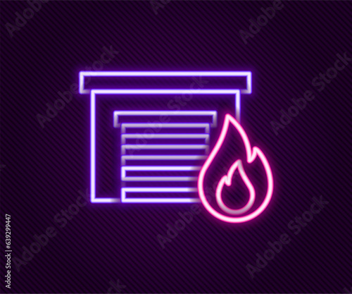 Glowing neon line Fire in burning garage icon isolated on black background. Colorful outline concept. Vector
