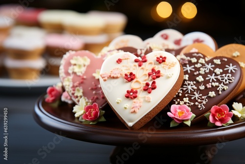 Delightful confections Heart shaped glazed cookies adorned with flower patterns on a wooden stand Generative AI