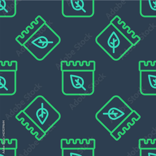 Line Calendar with autumn leaves icon isolated seamless pattern on blue background. Vector