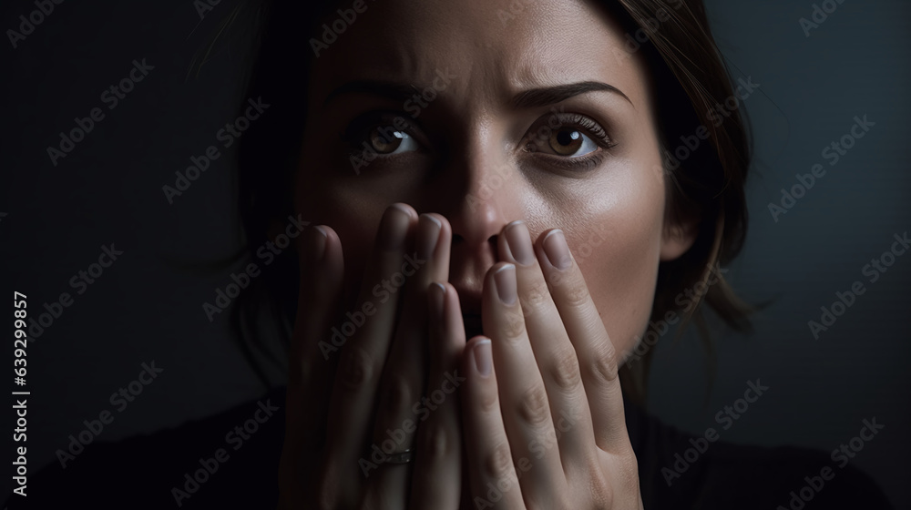 a woman recoiling slightly her hand reaching for her throat her eyes wide with alarm as if surprised by something unexpected. a woman recoiling slightly her hand reaching for her throat her eyes wide with alarm as if surprised by something unexpected.