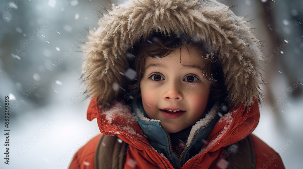 a child's delighted expression as they catch their first glimpse of a winter wonderland the snow-covered landscape inspiring a sense of awe and enchantment. 