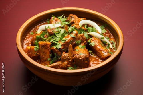 Flavorful indulgence Indian style lamb rogan josh, masala rich, served in a selective focus bowl Generative AI