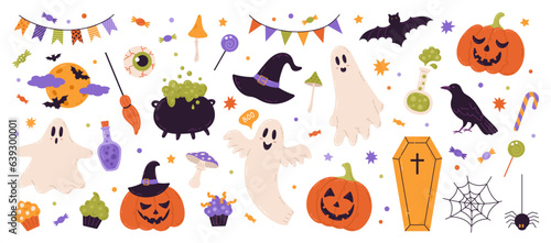 Halloween element set: hat, ghost, bat, candy, funny pumpkins, spiders. Perfect for scrapbooking, greeting card, party invitation, poster, tag, stickers. Hand drawn vector illustration.