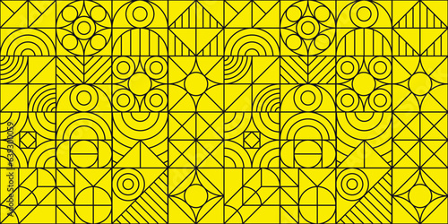 Bauhaus pattern minimal 20s geometric line style with geometry figures and shapes circle, triangle. square yellow background. Human psychology and mental health concept illustration. Vector 10 eps