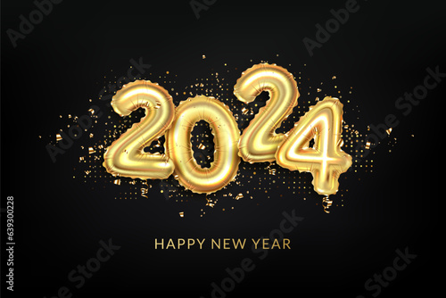 2024 Happy new year number, gold balloons