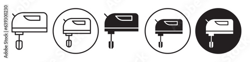 Hand Mixer Icon. Symbol of electric household kitchenware utensil to prepare food with the help of whisk blender machine. Flat outline  Vector set of home appliance cooking  beater equipment. 
