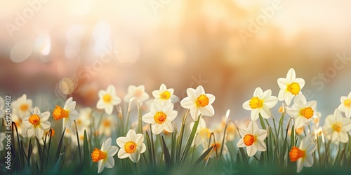 Blooming Beauty Daffodils Wallpaper - A Nature Display Adorned by Bokeh - Leaving a Gentle Space for Words - Beautiful Bokeh Daffodils Backdrop created with Generative AI Technology