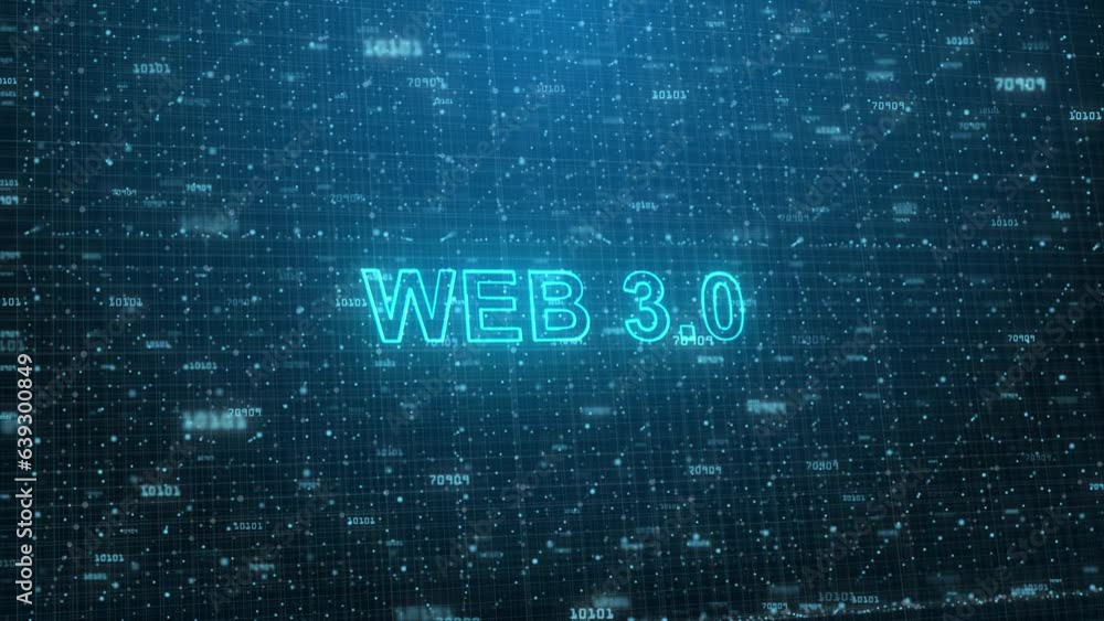 Web 3.0 Text on Futuristic Cyberspace Background. 3D Grid and Binary Numbers.