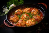 Savory fusion Baked meatballs and chicken in rich tomato sauce, a delectable combination Generative AI
