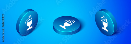 Isometric Mulled wine with glass of drink and ingredients icon isolated on blue background. Cinnamon stick, clove, lemon slice. Blue circle button. Vector