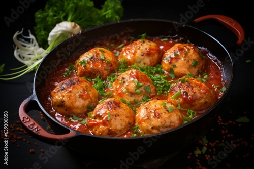 Savory fusion Baked meatballs and chicken in rich tomato sauce, a delectable combination Generative AI