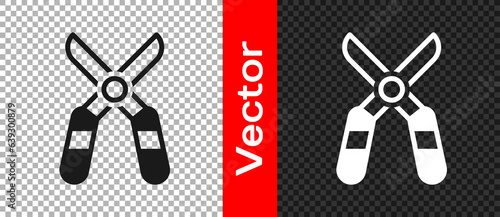 Black Gardening handmade scissors for trimming icon isolated on transparent background. Pruning shears with wooden handles. Vector