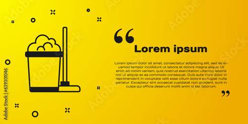 Black Mop and bucket icon isolated on yellow background. Cleaning service concept. Vector