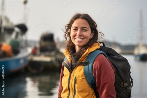 Stampa su tela Portrait of a smiling young woman with backpack standing in front of a boat