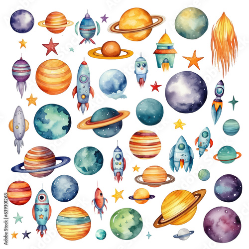Set of Galaxy Clipart Painted in Watercolor