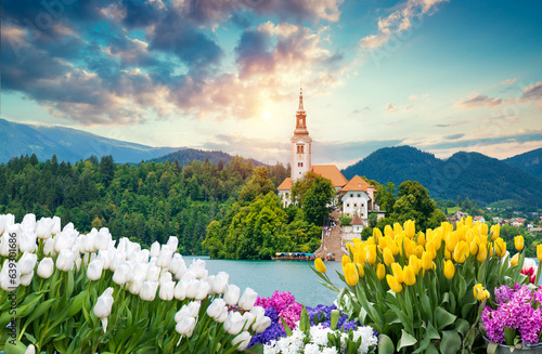 Sunrise view On Bled Lake, Island,Church And Castle With Mountain Range 