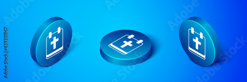 Isometric Calendar with Easter icon isolated on blue background. Spring Christian Holiday symbol. Blue circle button. Vector