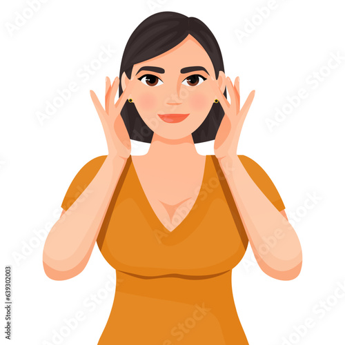 a girl with dark hair in an orange T-shirt does facial exercises facefitness faceyoga
