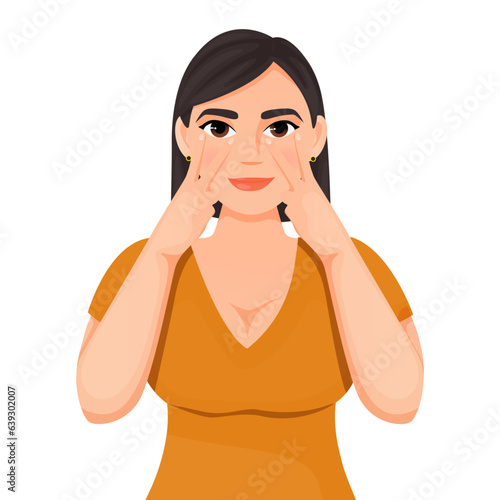 a girl with dark hair in an orange T-shirt does facial exercises facefitness faceyoga