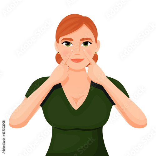 a red-haired girl in a green T-shirt does exercises for the face, facefitness, faceyoga