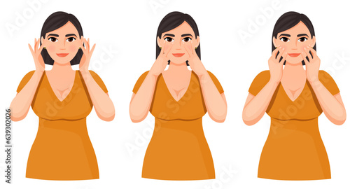 a girl with dark hair in an orange T-shirt does facial exercises facefitness faceyoga